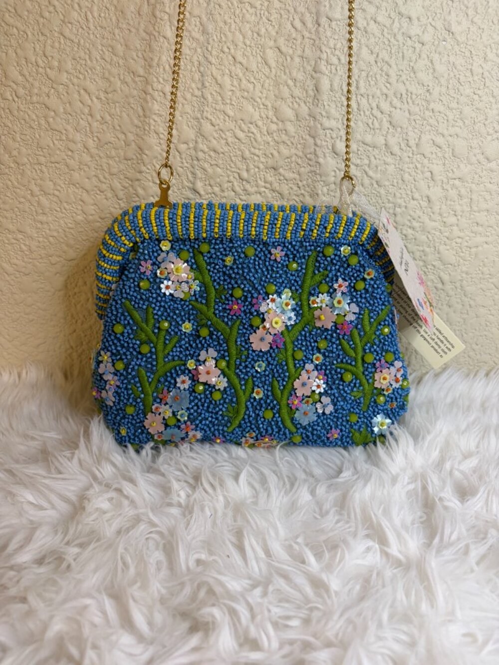 Made in India Blue Floral Beaded Crossbody Bag Sequin Purse NWT - Picture 5 of 8
